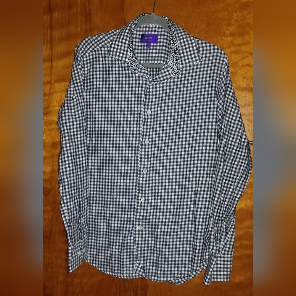 Men's Tallia Long-Sleeve Black & White Plaid Button Up Floral Collared With Flip